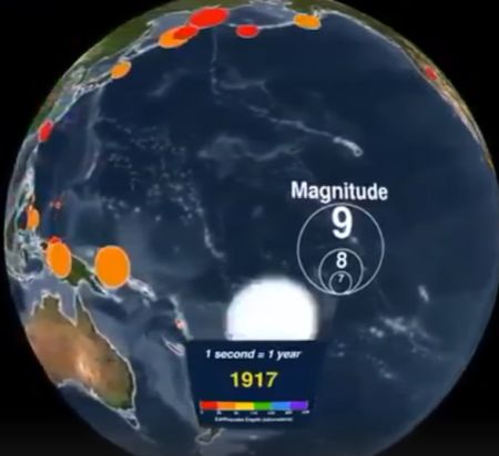 Наглядная анимация всех землетрясений, зарегистрированных с 1901 года по 2000⁠⁠