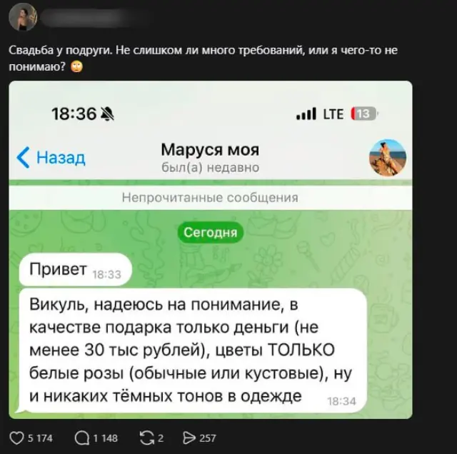 Невеста выкатила подругам ультиматум со свадебными поборами от 30 тысяч руб